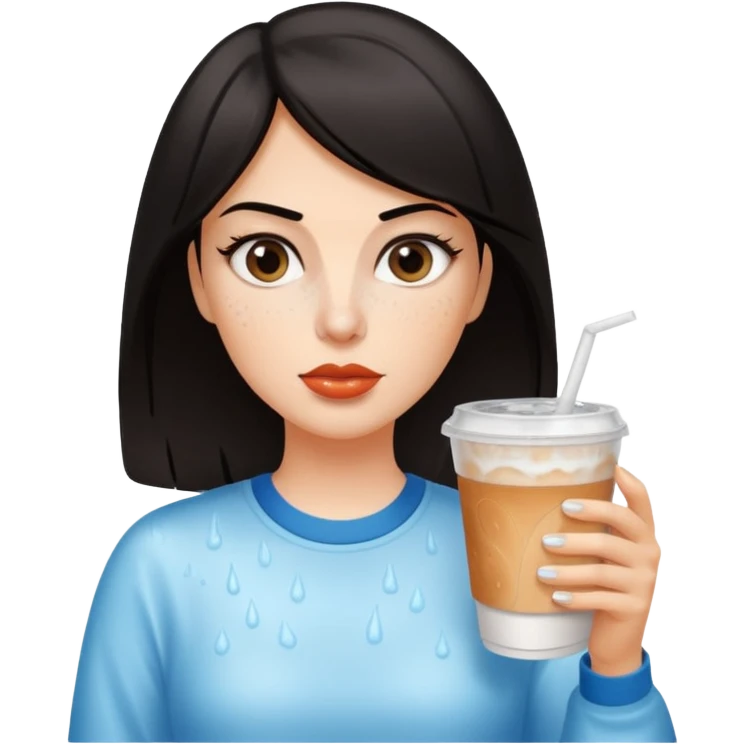 컴퓨터하면서 아이스 아메리카노(테이크아웃 잔에 담긴)를 많이 마시고 있는 다크서클 검은머리 여자 emoji