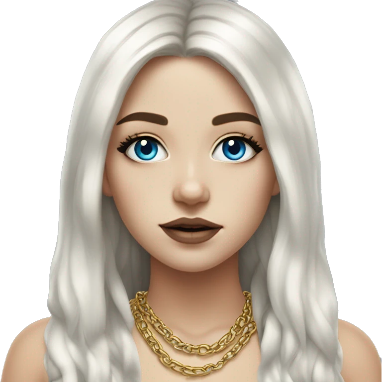 Hyperrealistic white girl with blue eyes and long black hair with rainbow fringe. Wearing gold chain necklace has dark eye makeup on her eyes emoji