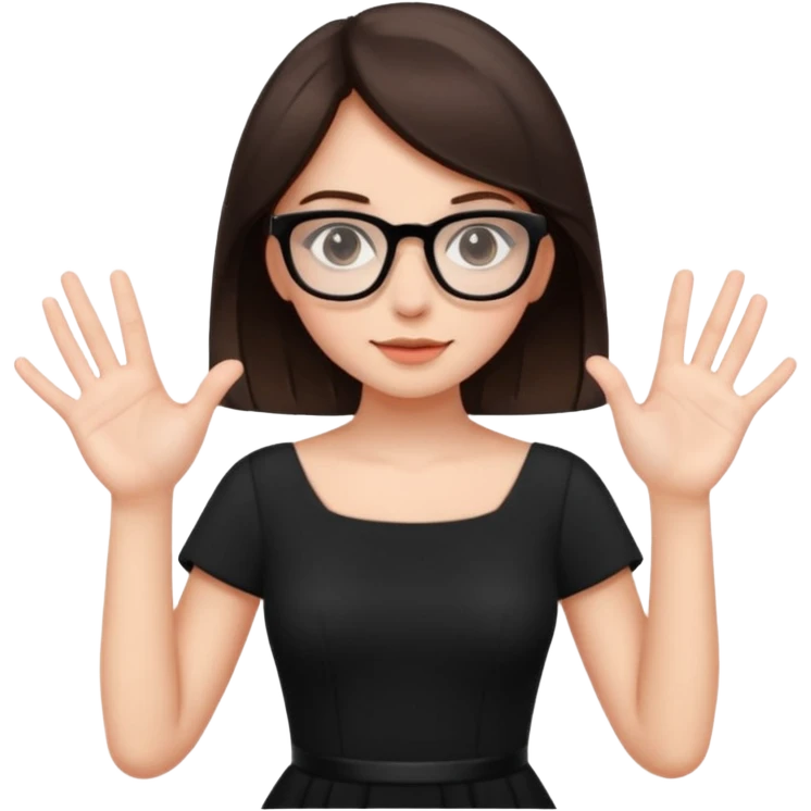 a cute brunette girl in a black dress wearing glasses  with two hands  emoji