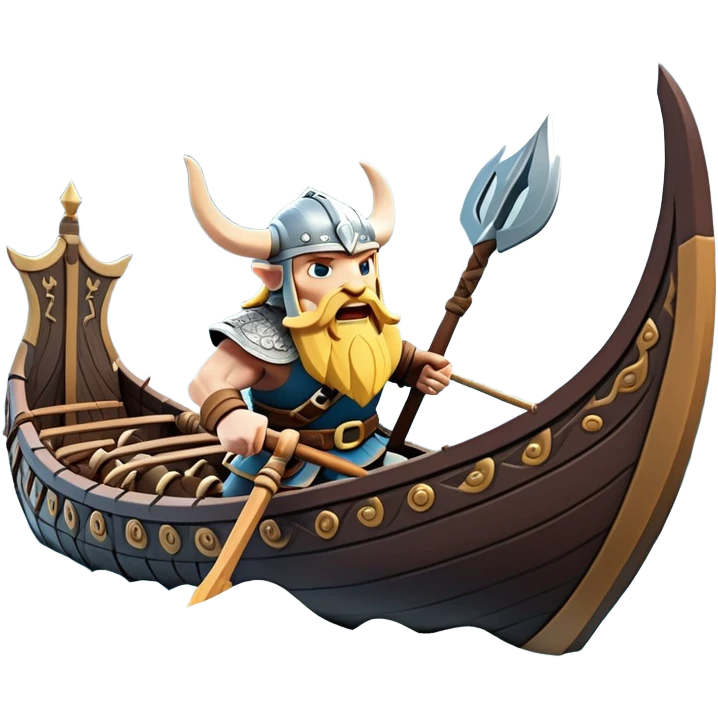 clash-of-clans-aesthetic_-cinematic-viking-longboat, rendered in a flat, bold vector style with minimal shading, featuring a striking dragon-headed prow slicing through icy, churning waters. shields on the side and vikings rowing The longboat’s intricately detailed shields and carved motifs evoke a sense of epic adventure and Nordic might, with billowing sails catching a dramatic, stormy sky backdrop. emoji