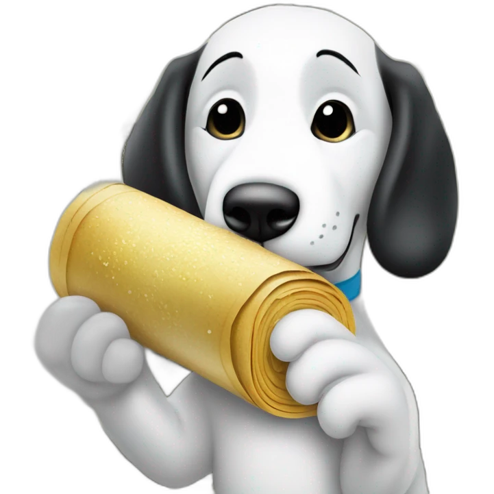 Rolled up dollar bill, held by snoopy in his paw hand pressed against his snout leaning over a pile of sugar and sniffing a pile of sugar through the dollar emoji