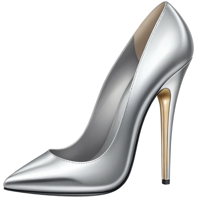 A pair of high heel shoes emoji made of polished silver chrome, elegant sharp silhouette, smooth metallic surface, glossy reflections, luxury sexy vibe, minimalistic iOS emoji style, centered, clean white background emoji