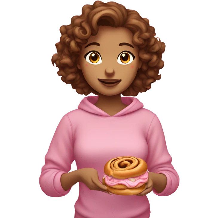 A girl with fair skin, a brunette with curly hair and brown eyes. Eating sinabon in a pink sweatshirt.  emoji