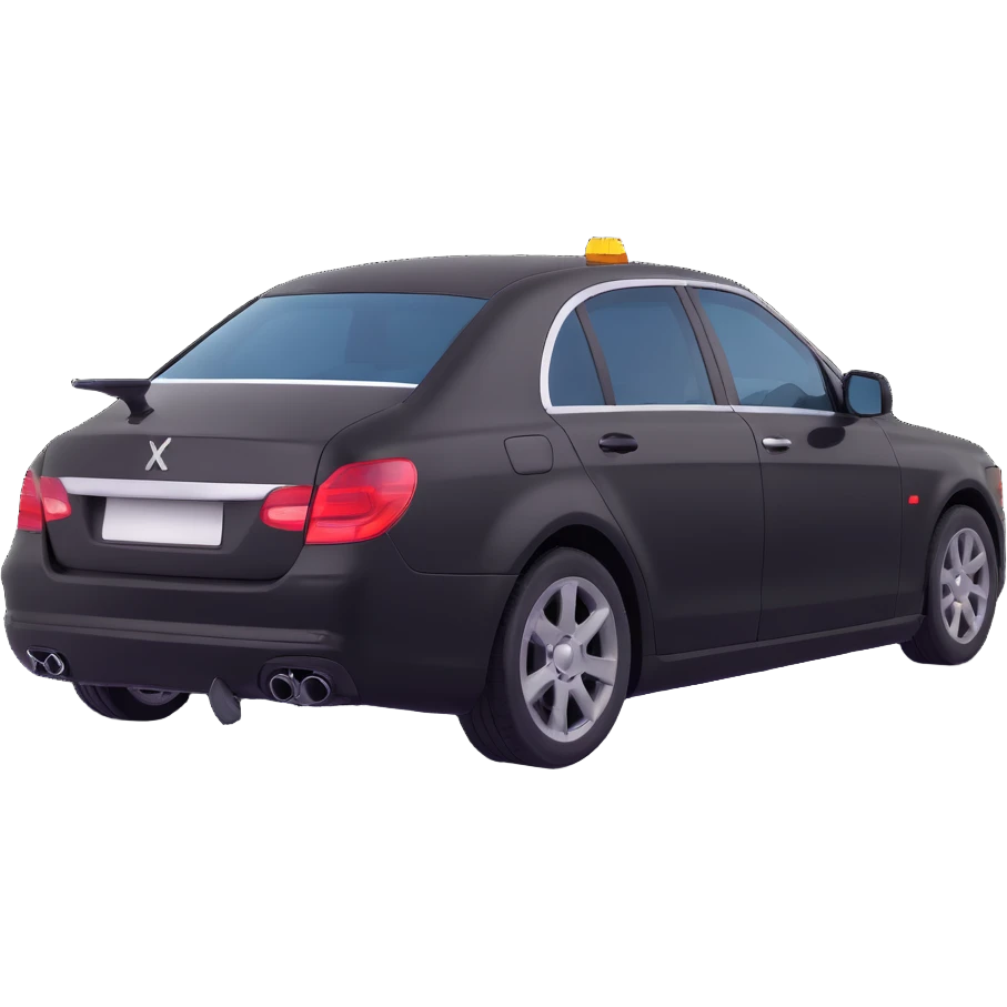 black luxury car with a visible dent, hammer and rod forming an X on the rear right corner, reflection lamp above rear illuminating damaged area, elegant and modern emoji