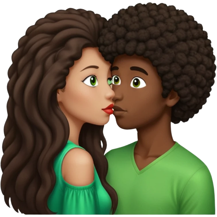 girl with long brown straight hair and green eyes kissing dark boy with afro and big nose emoji