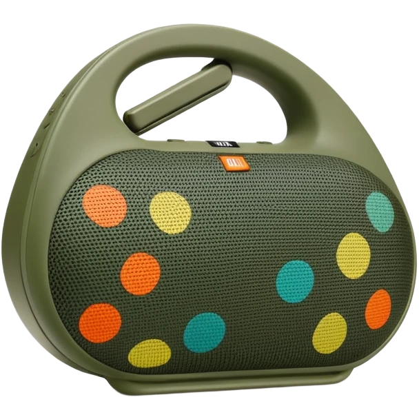 Highly minimalist JBL Clip 4 portable speaker, abstract shape with simplified camo spots, iOS emoji style emoji