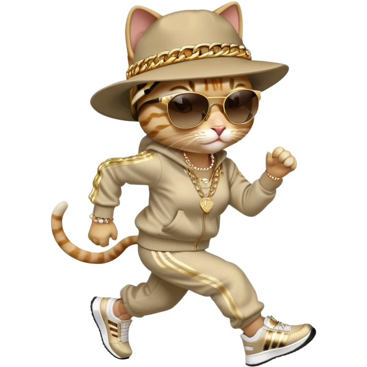 female cat running wearing Run DMC hip-hop outfit, tracksuit, fedora, Adidas shoes, dark sunglasses, lots of gold chains, bling accessories emoji