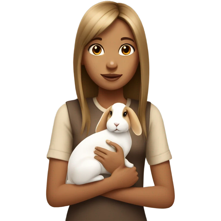 A bit tan girl with straight hair and light bangs holding a white and brown rabbit emoji