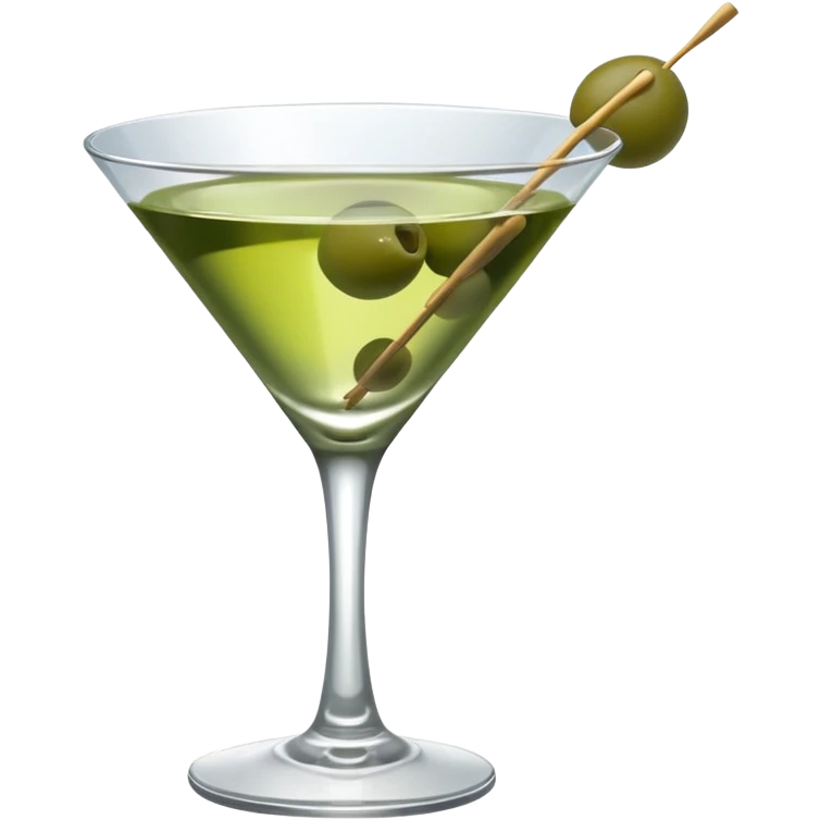 martini glass with 3 olives. no straw, just 1 stick that the olives will be stuck on. olives should have the same size. no leaves at all. liquid should be more white/clear than green emoji