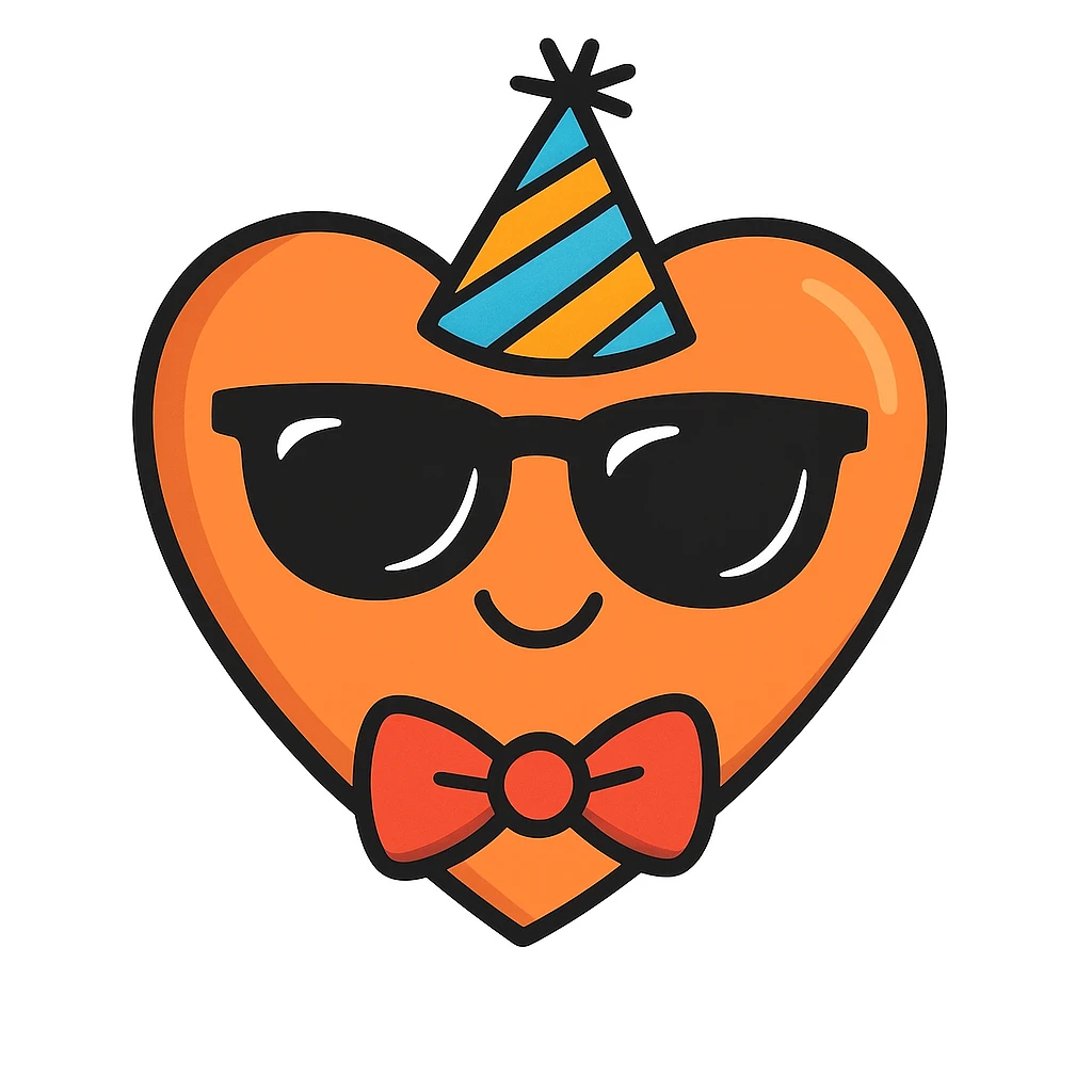 Add sunglasses, a party hat, and a bow tie to the orange heart. Keep the playful and sketchy hand drawn doodle style as in the reference image. emoji