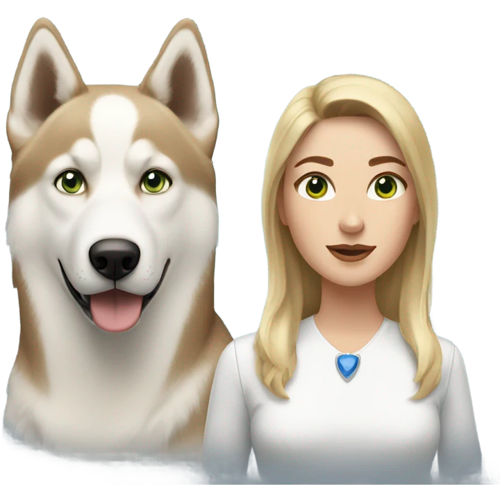 White Woman hair brown and bleus eyes and golden Husky With green eyes emoji