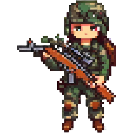 pixel art style sniper, small character, holding a sniper rifle, camouflage colors, simple background emoji