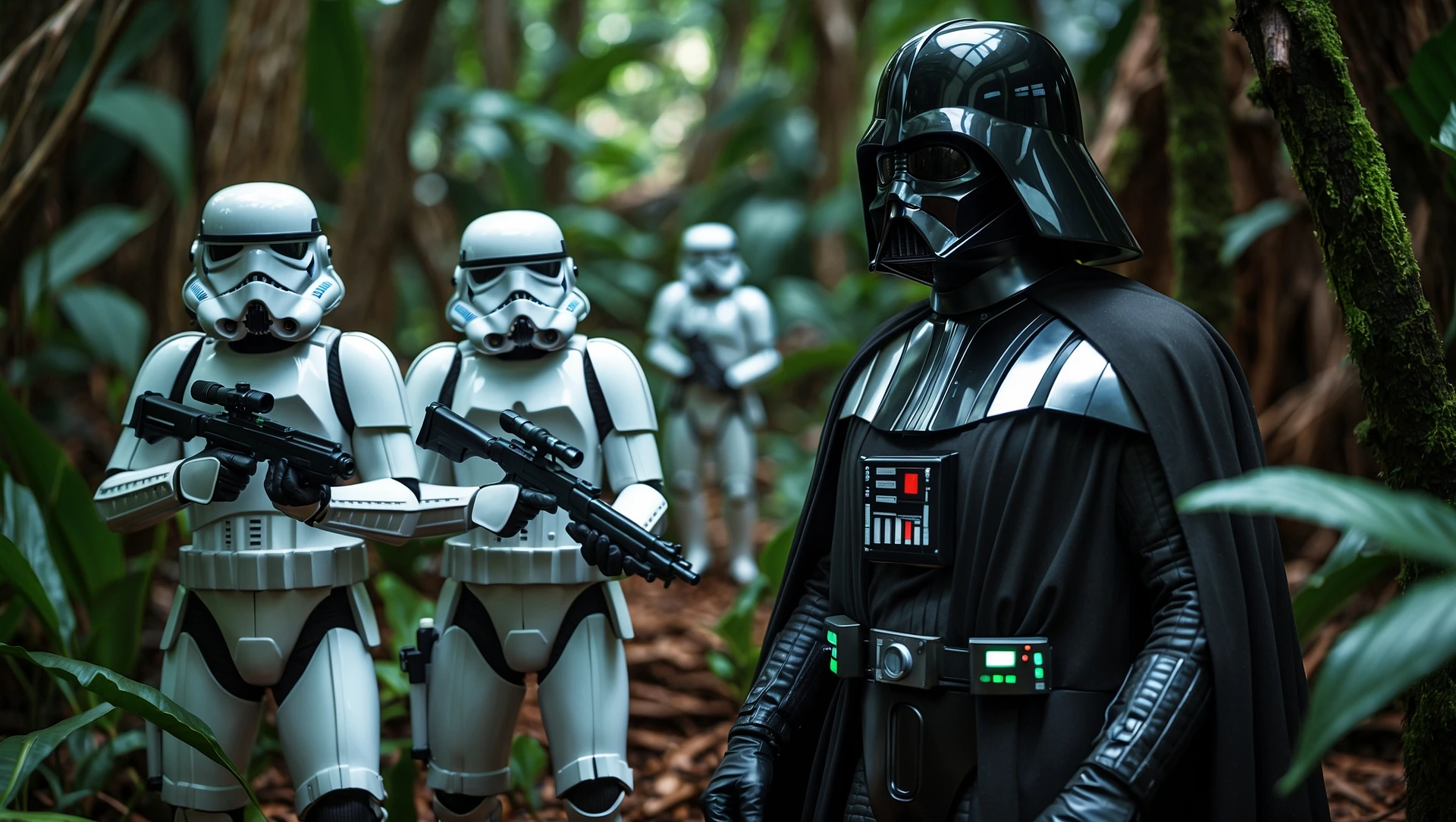 cinematic still, Closeup shot, amazon jungle, Darth Vader around stormtroopers is exploring the jungle, captured by arri alexa emoji