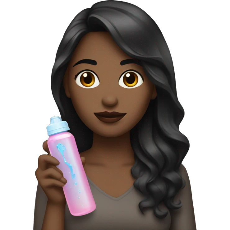 A dark haired women with a water bottle and a lipgloss emoji