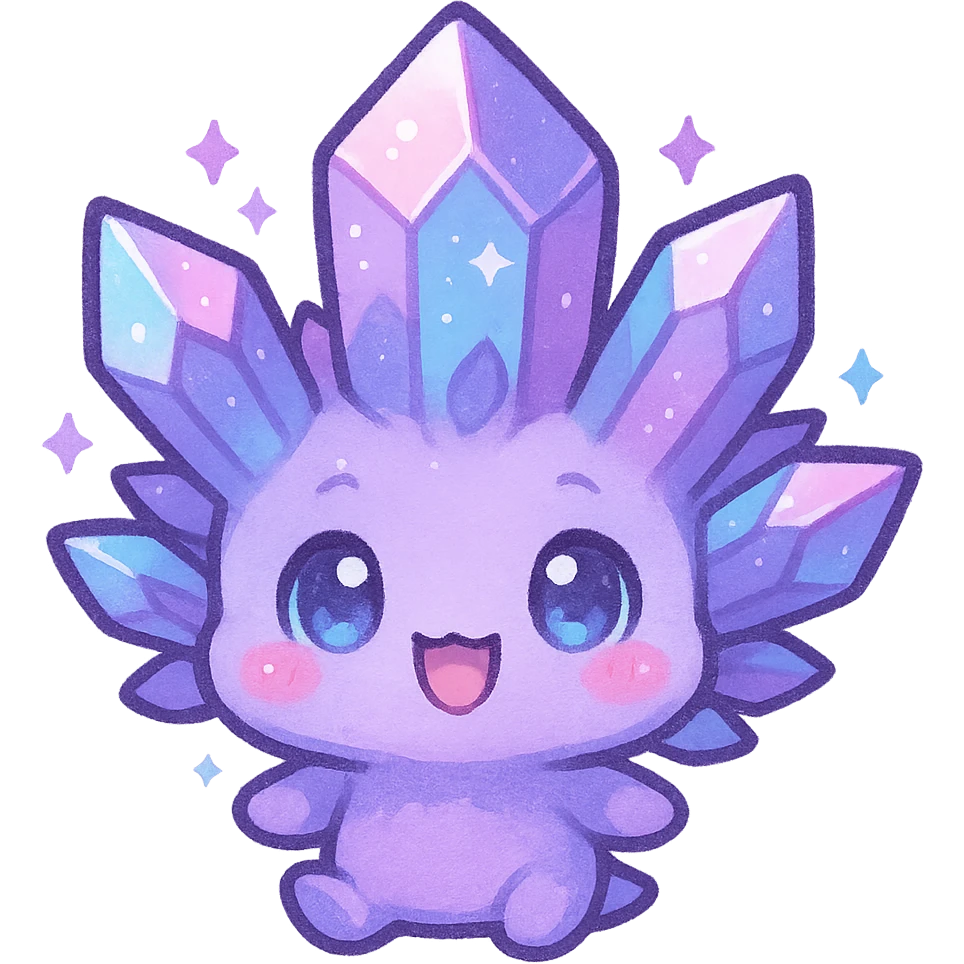 chibi kawaii style emote of a crystal sprite creature, colors purple blue and pink, happy expression emoji