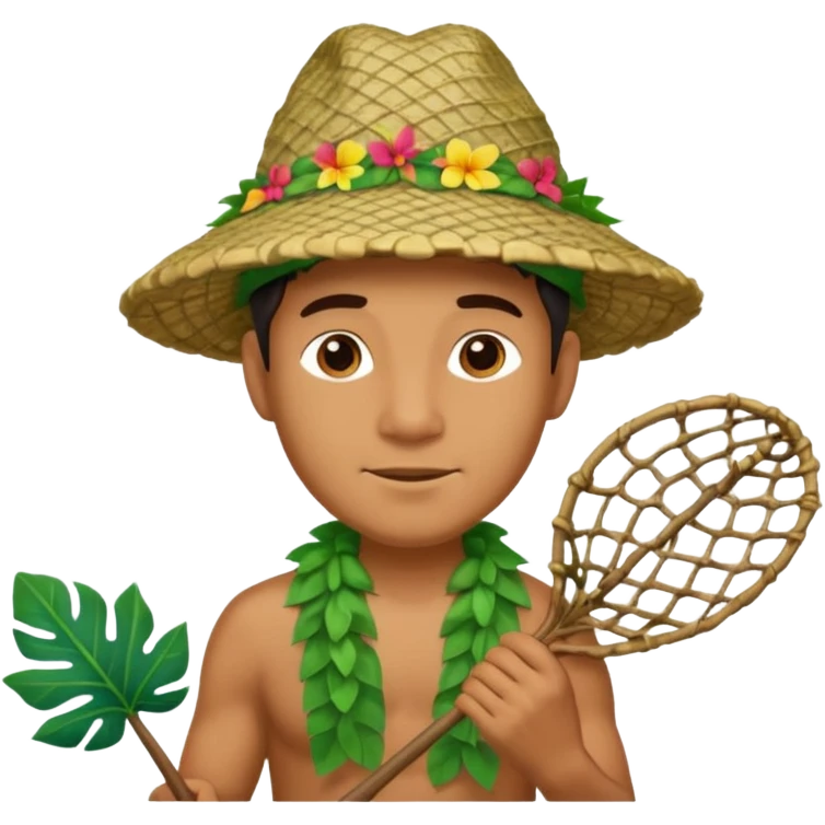 Hawaiian man with leaf hat and big net and colorful cloth emoji