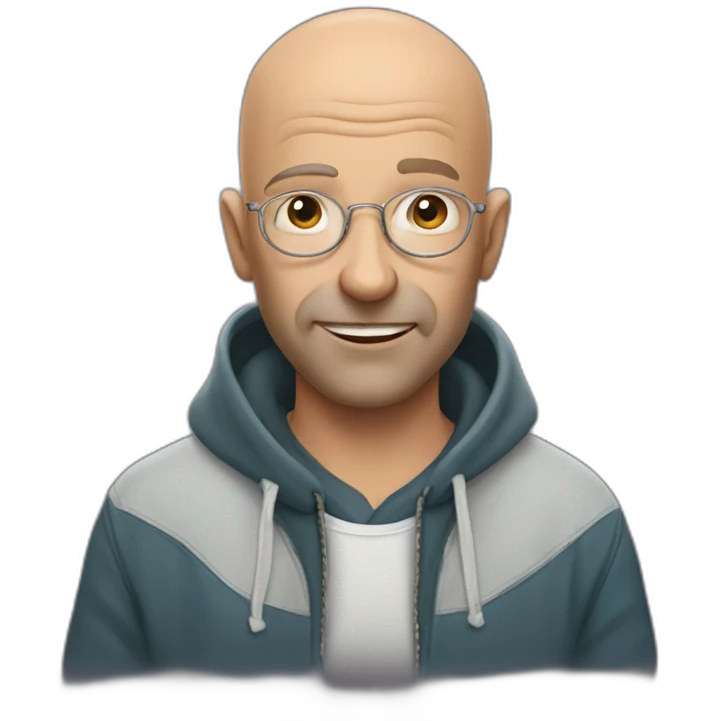 50 year old friendly bald guy in a hoodie holding a harmonica emoji