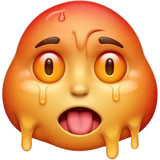 Apple-style emoji illustration of a melted, overheated face with sweat drops, half-closed exhausted eyes, tongue slightly out, warm orange and red tones, soft 3D emoji style, smooth gradients, rounded shapes, simple expression, centered composition, transparent background, no text. emoji