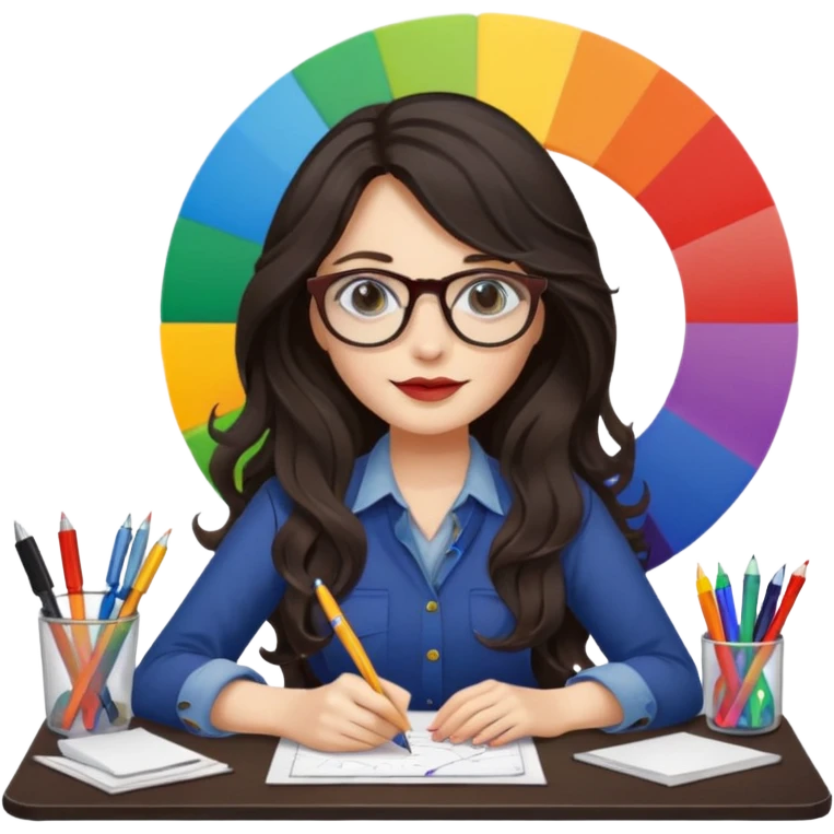 female dark wavy long hair graphic designer , color wheel, pens, papers , desktop emoji