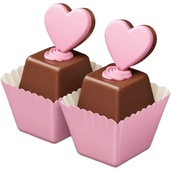 Two square milk chocolate , Each praline is a sharp-edged cube with smooth glossy chocolate coating, placed in a small white fluted paper candy cup. On top of each cube is a flat pastel pink heart-shaped icing emoji