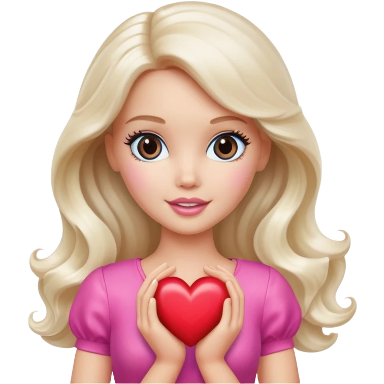 White Barbie girl with long wavy dark brown hair holding heart  emoji