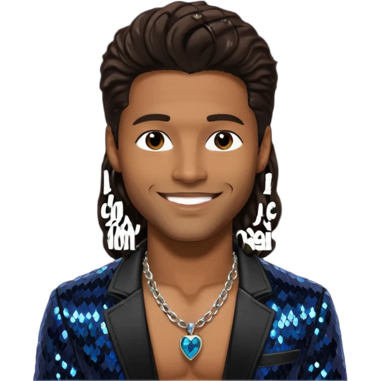 Eric Benét with long dark brown hair, black sequin jacket, shirtless with necklace emoji