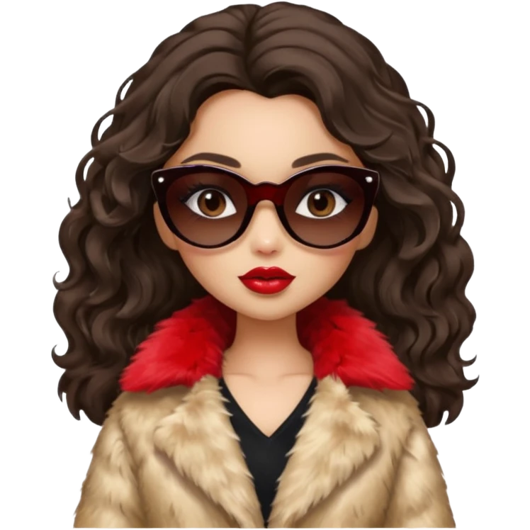 generate a pretty fair bratz girl with dark brown eyes, dark brown wavy hair, beige fur coat, black sunglasses, red lipstick. RICH emoji