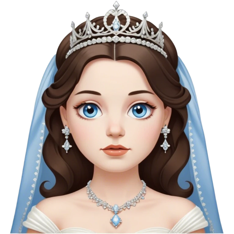 vivienne westwood style wedding dress with dainty diamonds hanging down from the waist. long brunette haired women with silver jewelry and tiara. medium blue eyes. long eyelashes. chubby cheeks. High cheekbones. symmetrical face proportions  emoji