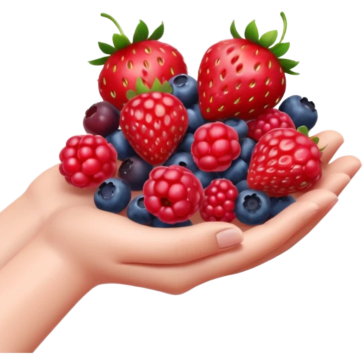 handful of strawberries, raspberries, red currants, and blueberries, realistic, 3D, no faces, no bowl, transparent background emoji