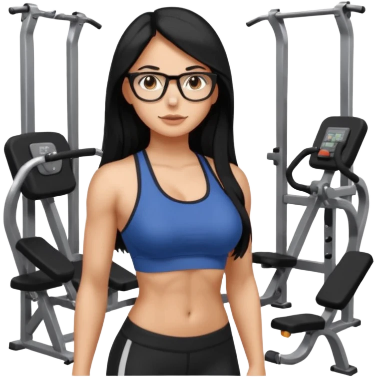 girl with long black hair, brown eyes, medium size breasts, wearing glasses and working out in the gym emoji