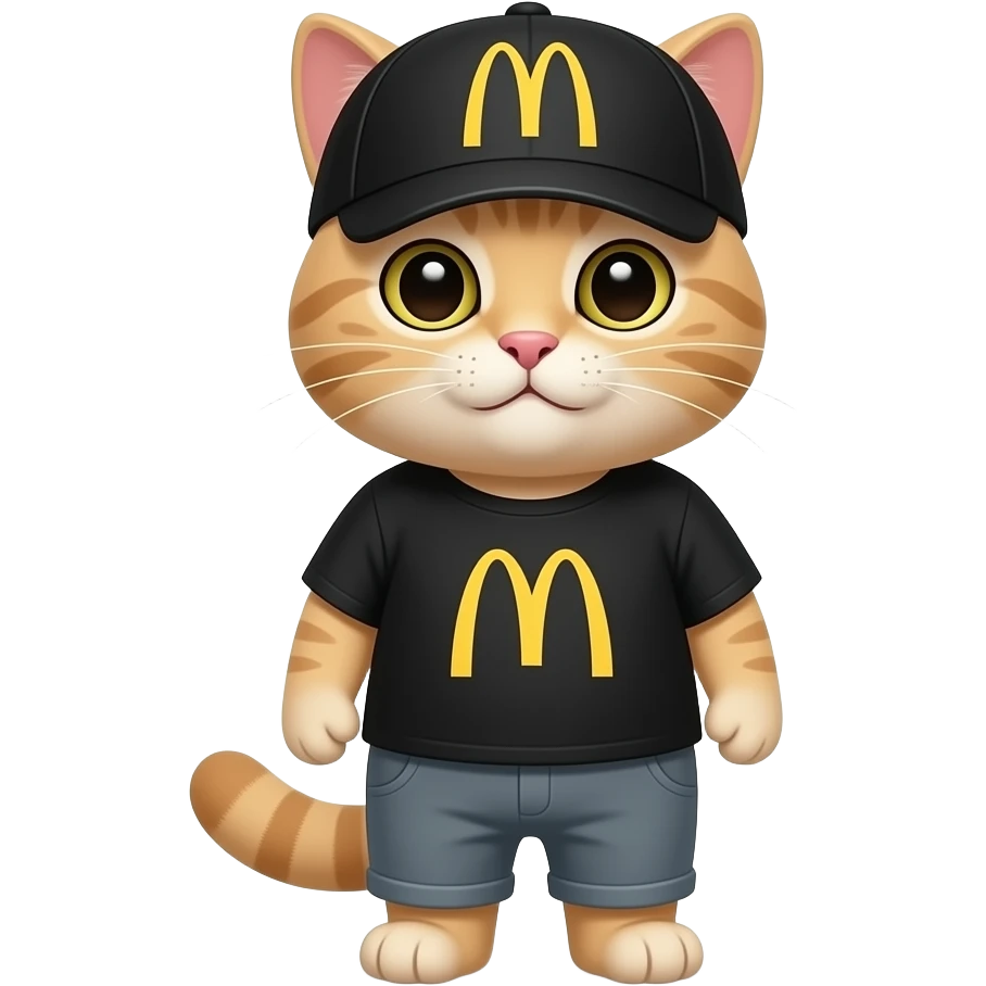 Gato bege com um chapéu de McDonald's preto cobrindo o seus olhos e tem uma camisa preta do McDonald's e uma calça cinza emoji