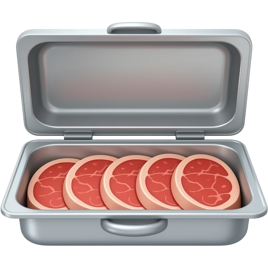 plain silver serving tray with lid open with meat inside emoji