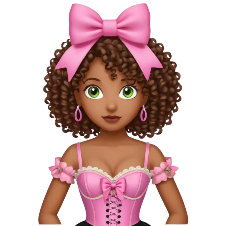 black woman with green eyes, curly hair, pink bow, pink corset emoji
