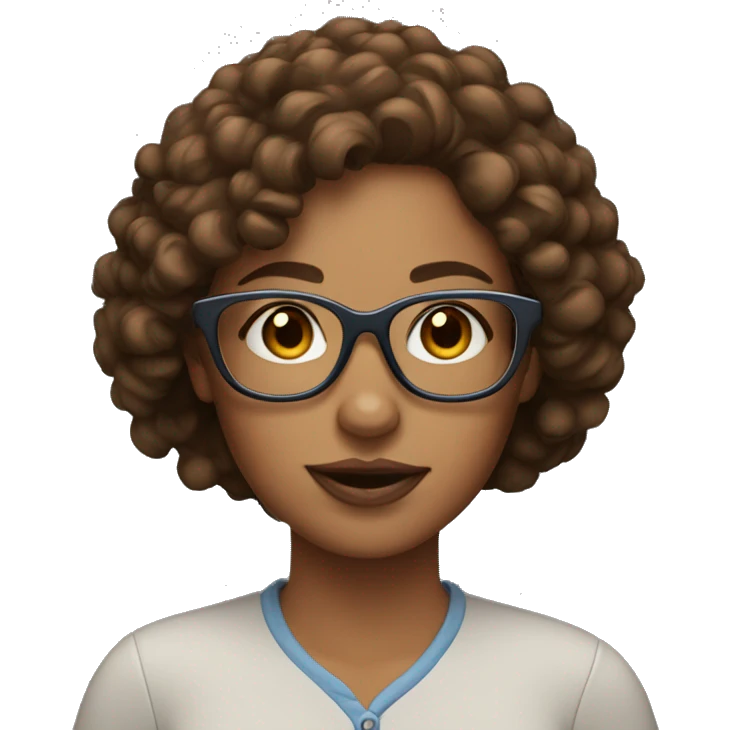 Cool woman with pal skin, brown curly hair and glasses. emoji