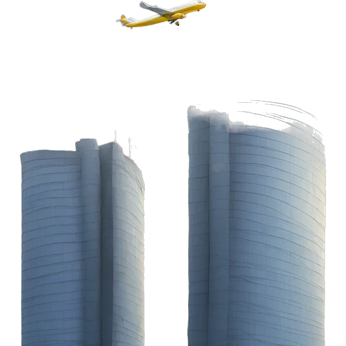plane rushing over two towers emoji