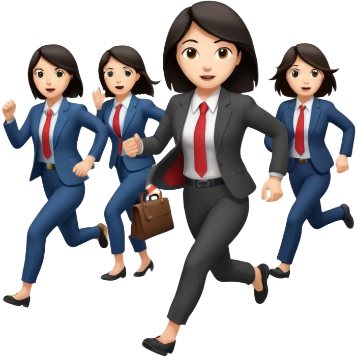 a female co-worker running and other co-workers chasing her  - female co worker with dark hair way in front... others far behind emoji