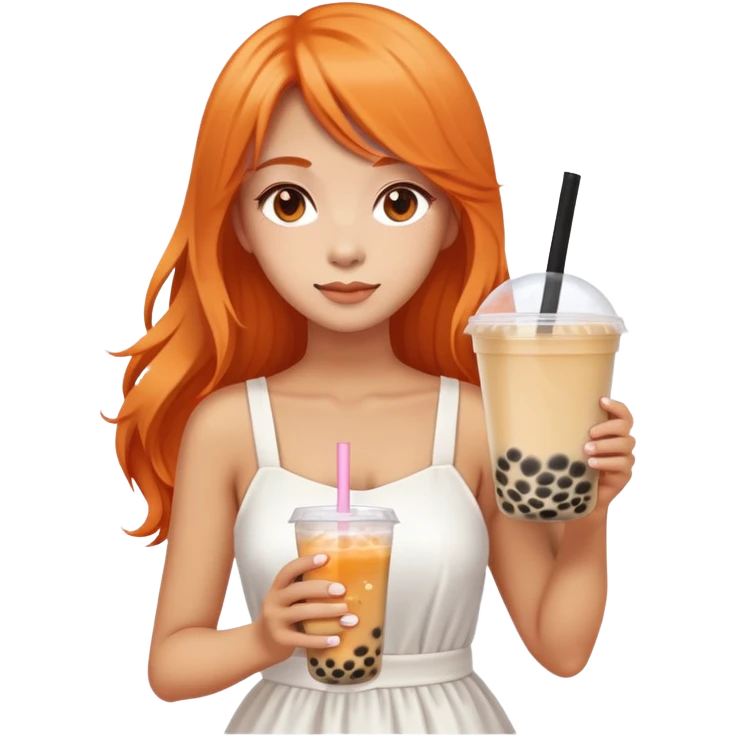 Beautiful woman in 1965’s woman fashion look, white dress, long orange hair, bubble tea emoji