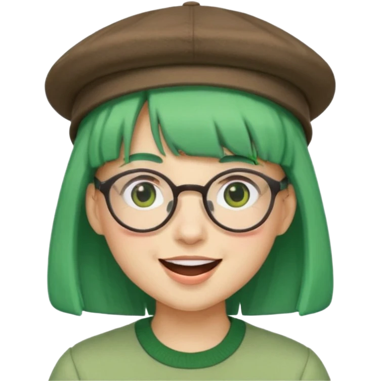 bangs, cute hat, green hair very happy and glassess emoji