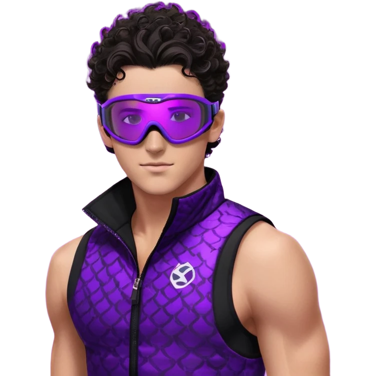 male athlete with white skin and moderately curly dark brown hair on top with shaved sides, wearing ski goggles with purple frames and very dark black lenses, a simple plain black chain necklace, and a completely unzipped sleeveless vest with purple and black sequin fire pattern design with no logo, fully revealing his chest, shoulders and arms, no earrings emoji