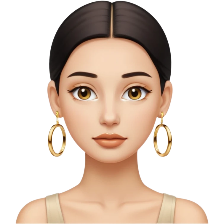 Clean Girl aesthetic, minimal makeup, dewy skin, slicked-back hair, gold hoop earrings, soft glow emoji