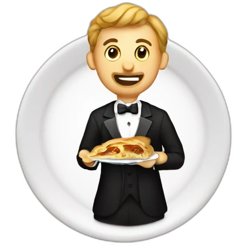 Man eating bosnian meal called Burek with fork and knife while wearing a tuxedo emoji