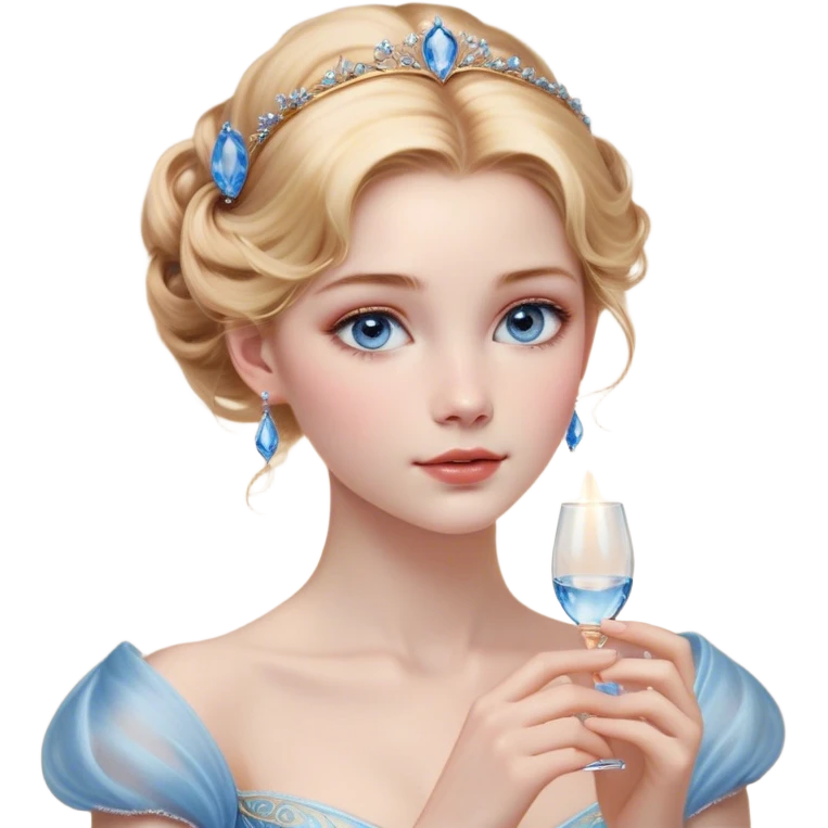 Cinematic Realistic Cinderella Portrait, depicted with lifelike skin texture, subtle rosy undertones, and soft natural lighting that enhances the gentle contours of her face. Her intricately detailed golden blonde hair is elegantly styled in an updo, with delicate wisps framing her face. Her deep, expressive blue eyes radiate warmth and sincerity, reflecting a quiet resilience and grace. She holds a glass slipper gently in one hand, her other hand resting gracefully at her side, emphasizing the timeless beauty of the moment. She is dressed in her iconic ball gown, the fabric shimmering with intricate embroidery and fine translucent layers that catch the light beautifully. The soft sheen of satin gloves adds a magical touch to her graceful pose. The portrait features an enchanting glow with a natural, luminous finish, seamlessly blending realism and fairytale charm to evoke a sense of depth, elegance, and timeless beauty. emoji