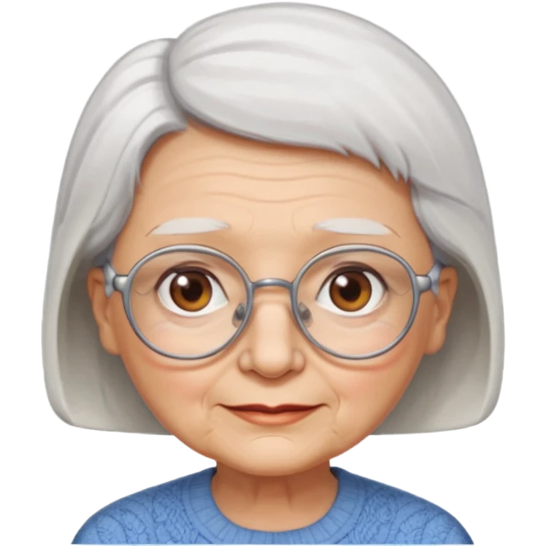 Create me emoji of an old lady. Short white hair to left side. Square glasses. Brown eyes. Rounded really big and really wide face. Wide nose.  emoji