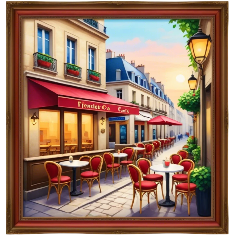 Cinematic Realistic Caf√© Culture Pop Culture Emoji, showcasing a vibrant French caf√© scene rendered with rich textures and warm, inviting lighting. emoji