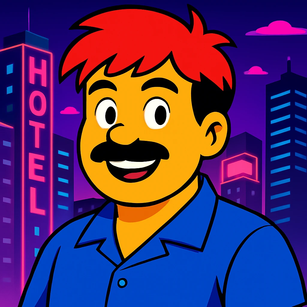 Make the face a bit rounder and add a smile, keep the vibrant toon style, neon city background, and all original colors and lighting emoji