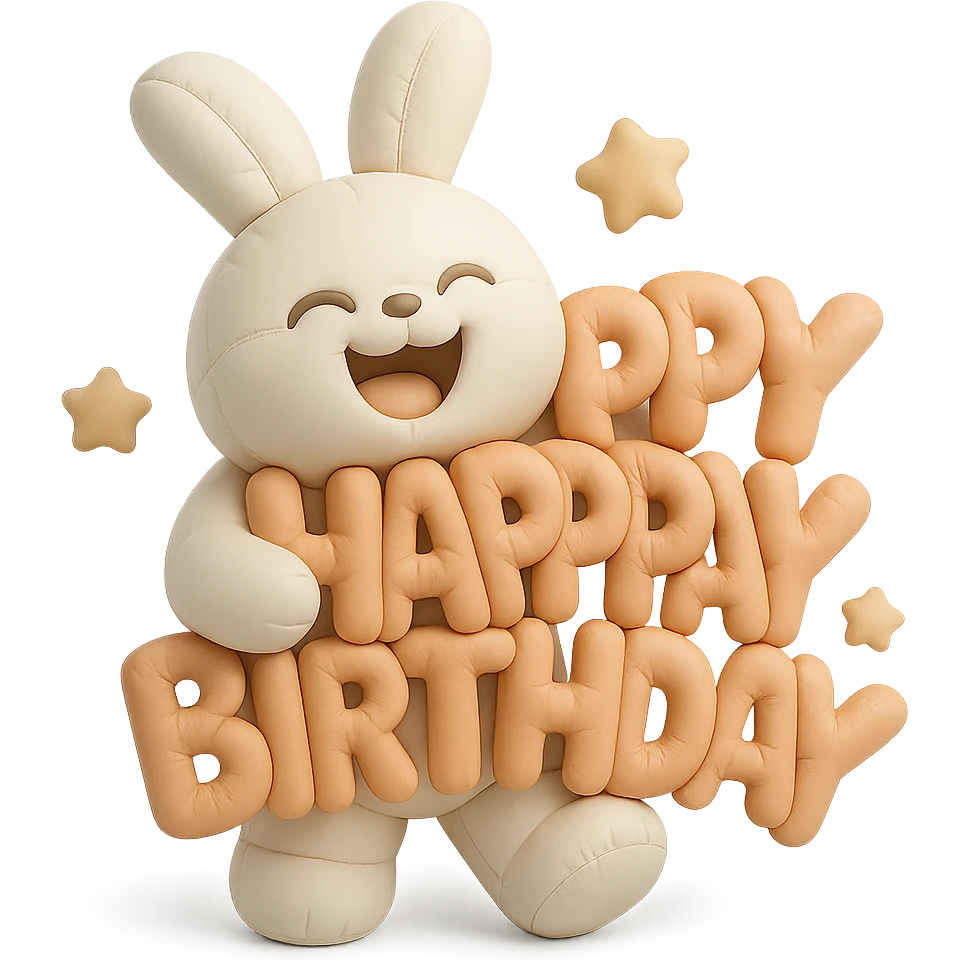 laughing bunny hugging 'Happy Birthday' letters with stars, full body, cushion style emoji