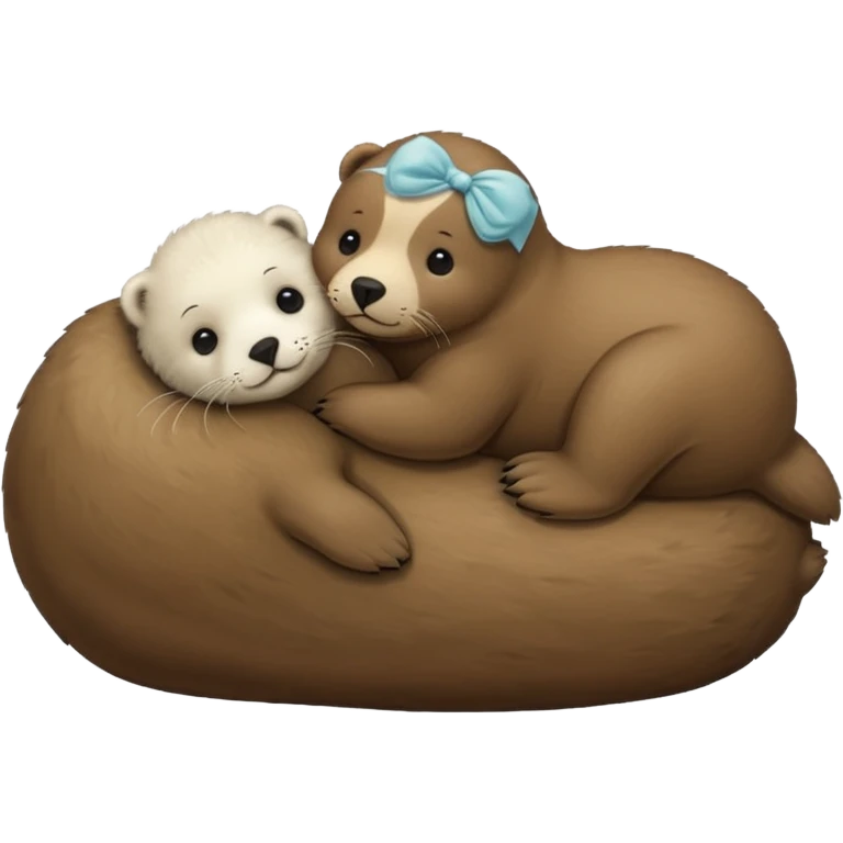 tiny white seal laying on a big brown bear’s belly emoji