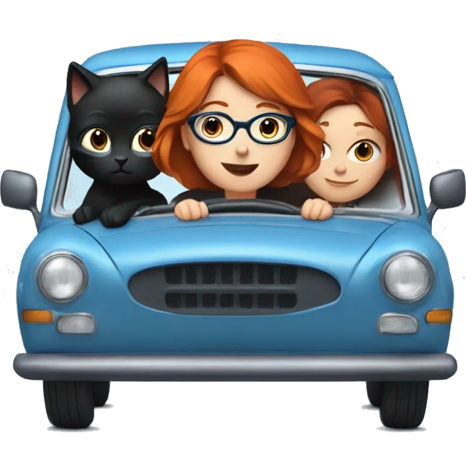 Redhead girl with glasses, driving blue car, with two black cats  emoji