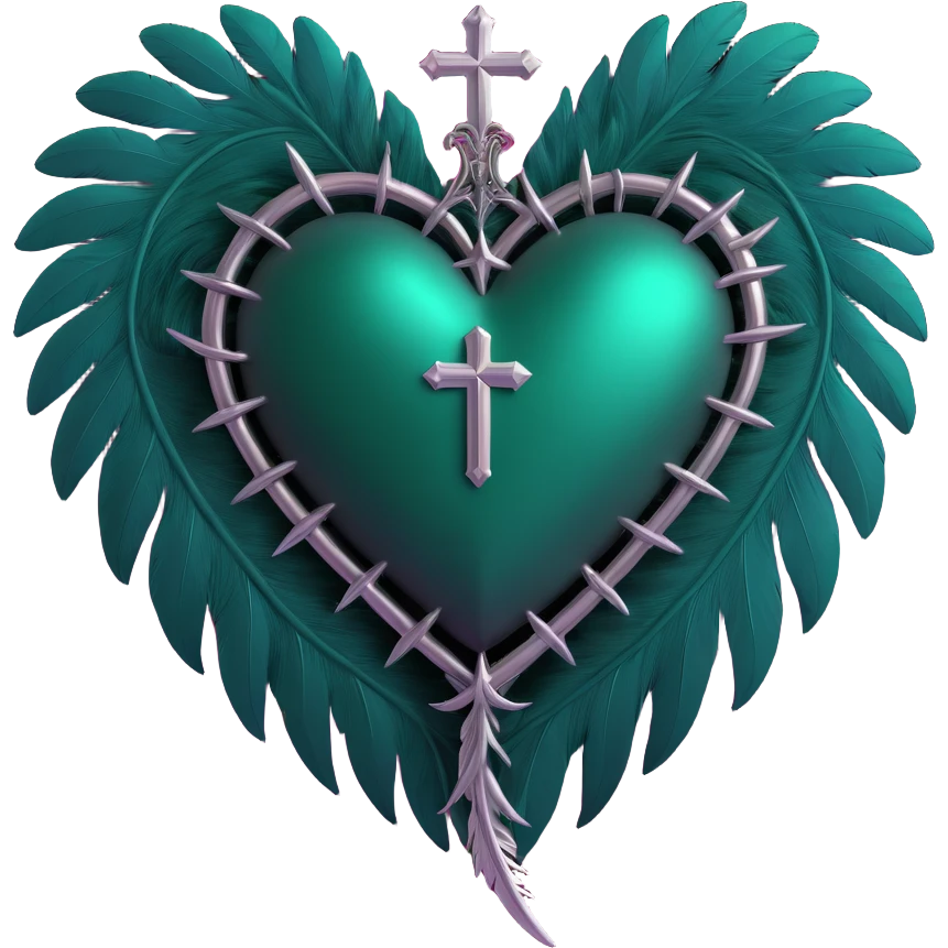 gothic heart, dark emerald velvet, silver cross, feather details, lush and gothic emoji