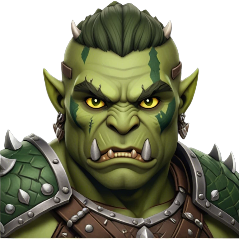 Cinematic Realistic WoW Orc Warrior Portrait, depicted with battle-scarred, rugged green skin and a powerful, muscular build that radiates primal strength. Clad in intricately detailed tribal armor accented with dark leather and iron embellishments in deep, earthy tones, his fierce eyes and determined expression exude honorable might. Rendered with lifelike texture and dramatic natural lighting, high shine, noble and formidable, capturing the essence of a legendary orc champion. emoji